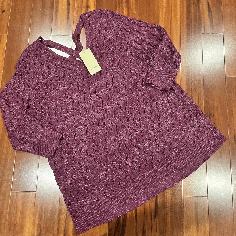 New NWT Sejour Purple Knit Sweater Textured Pattern V Neck 3/4 Sleeve Sz Plus 2X